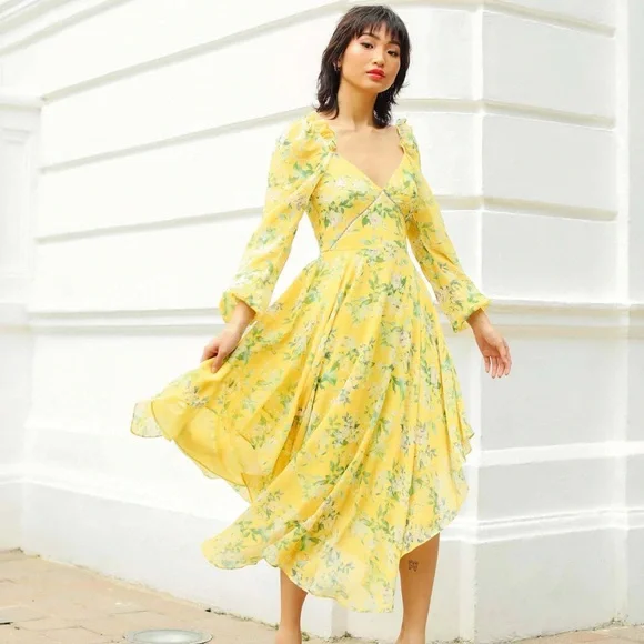 chinese dress ladies Yellow V Neck Button Midi Dress